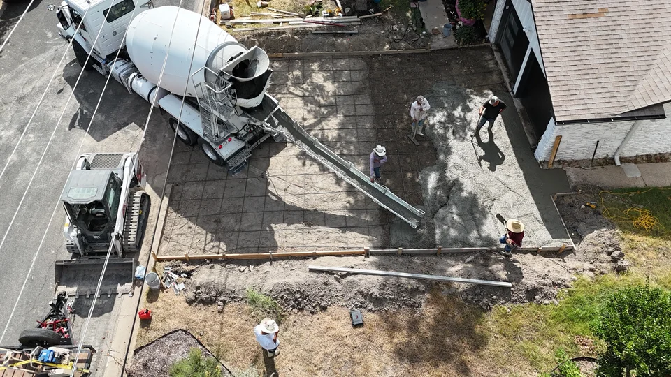 Aerial drone photo of the Austin driveway job site during the pour